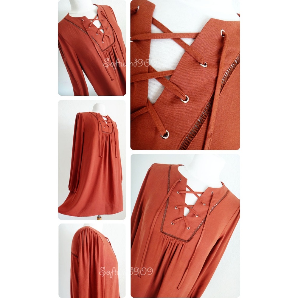 Rust Laced Up Long Sleeves BOHO Flowy Shift Dress - Picture 4 of 7